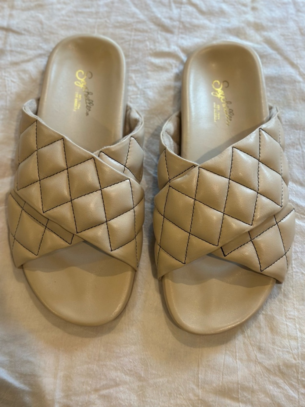 Seychelles Quilted Crisscross Slide Sandals - Taupe, Off-White